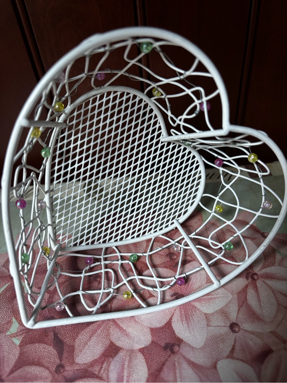 Beaded Metal Vanity Baskets - White & Pink Accent